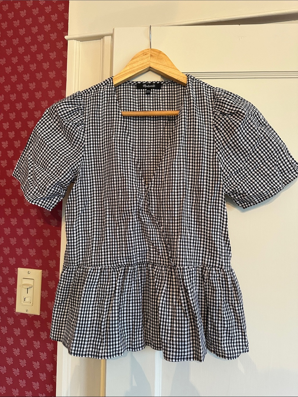 Madewell Black and White Gingham Peplum V-Neck Blouse